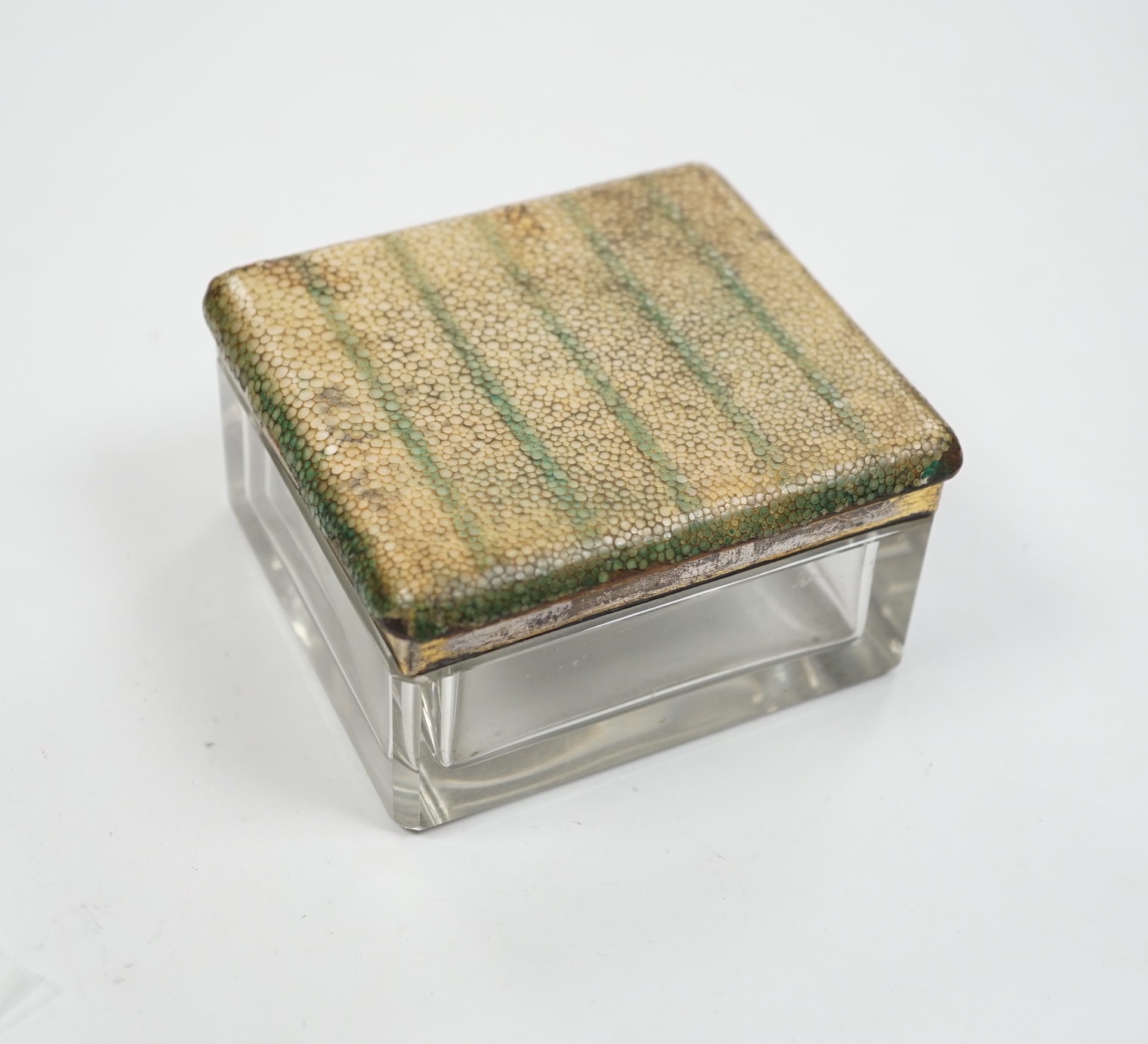 A George V silver and shagreen mounted glass square toilet box, with hinged cover, by George Betjemann & Sons Ltd, London, 1927, retailed by Asprey, London, width 94mm.